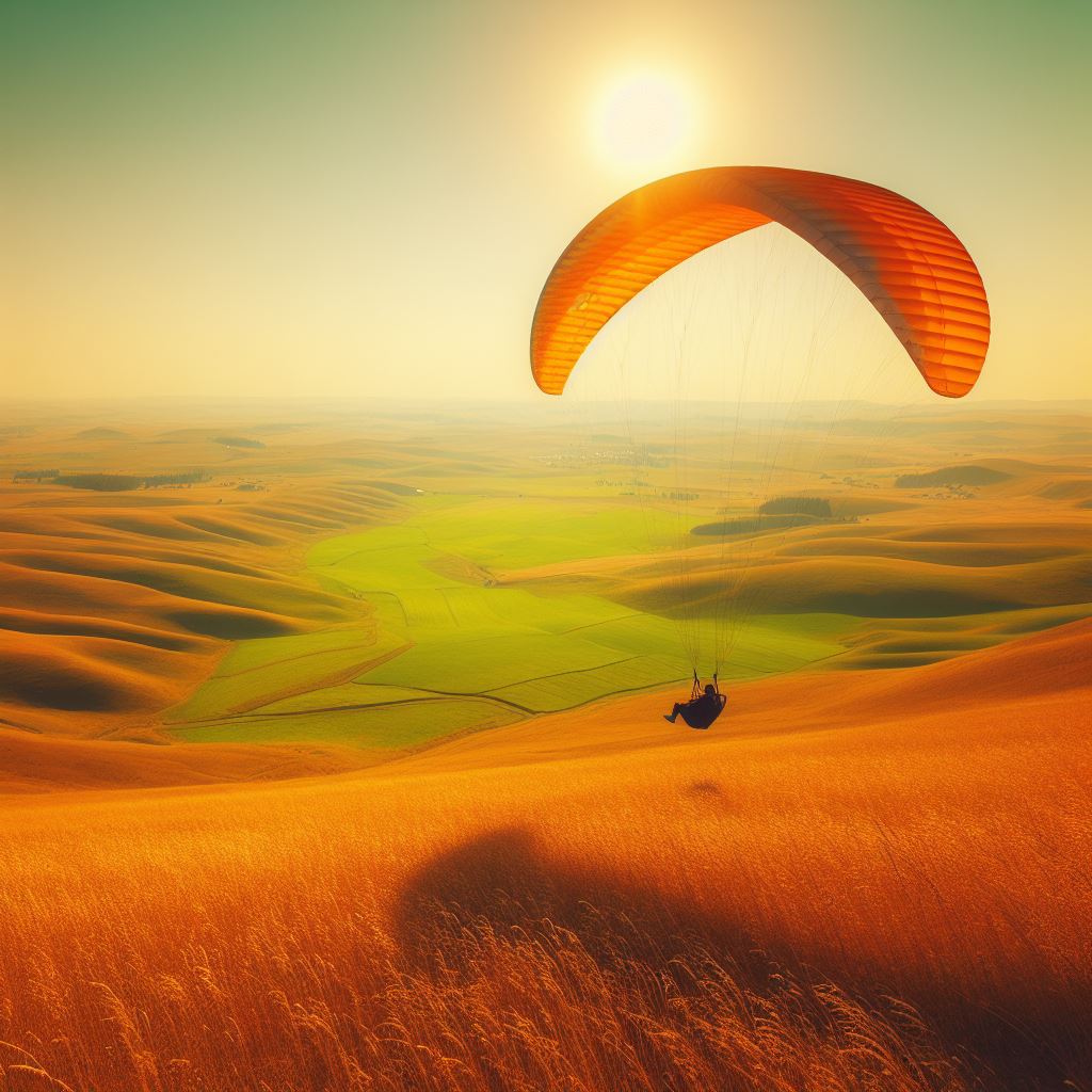 Parapente laranja voando em vasto campo tonalizado pelo sol com as cores laranjas e verdes, representando um dia de muito calor.
