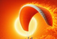 Ilustração do Sol ao fundo, um parapente laranja sendo pilotado por uma mulher, e expressando as mudanças climáticas do calor expressivo.
