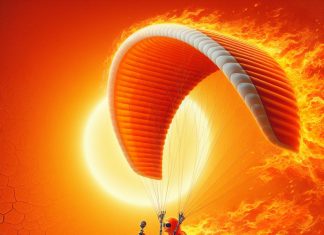 Ilustração do Sol ao fundo, um parapente laranja sendo pilotado por uma mulher, e expressando as mudanças climáticas do calor expressivo.