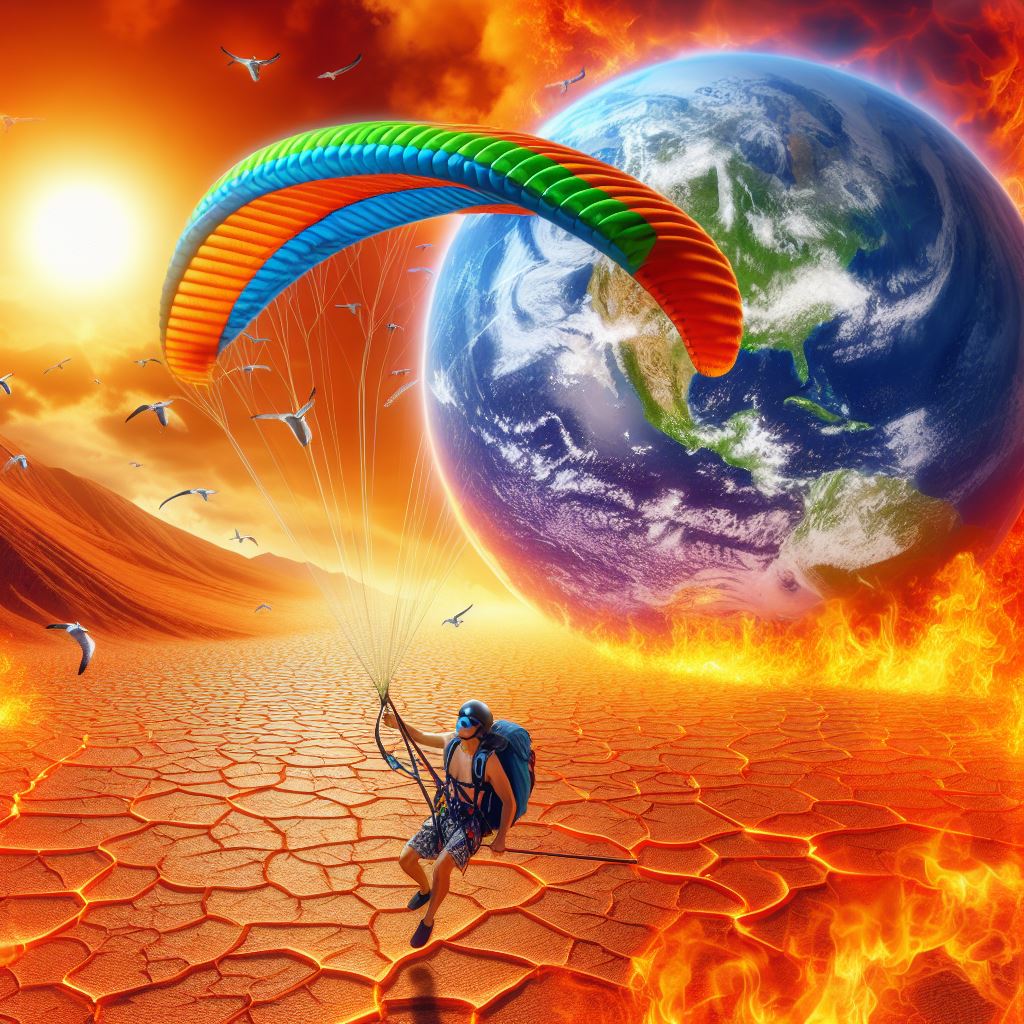 Piloto de parapente treinando em uma terra arída, seca, com a terra de fundo representando o aquecimento global.